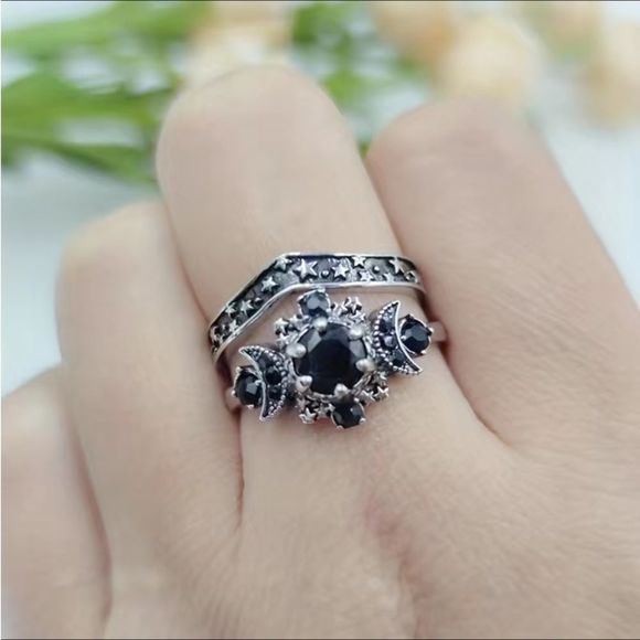 🖤⭐️Celestial Silver black Obsidian 2 piece ring.🖤⭐️ - Picture 8 of 17
